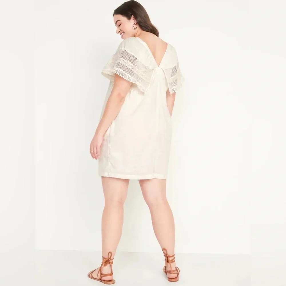 OLD NAVY Off-White Cream Flutter Lace Sleeve Swing Mini Midi Dress Open-Back M - Picture 4 of 16